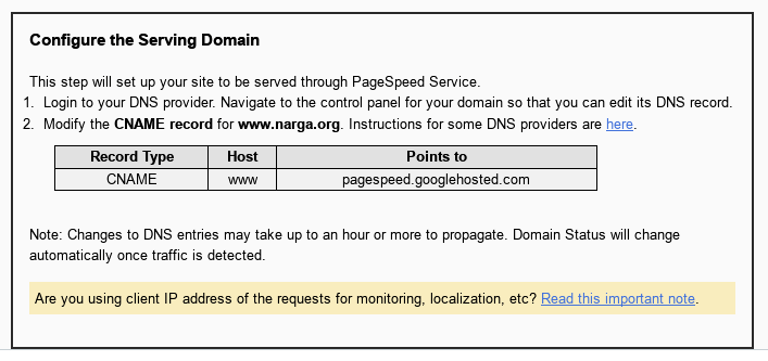 PageSpeed Config the serving domain