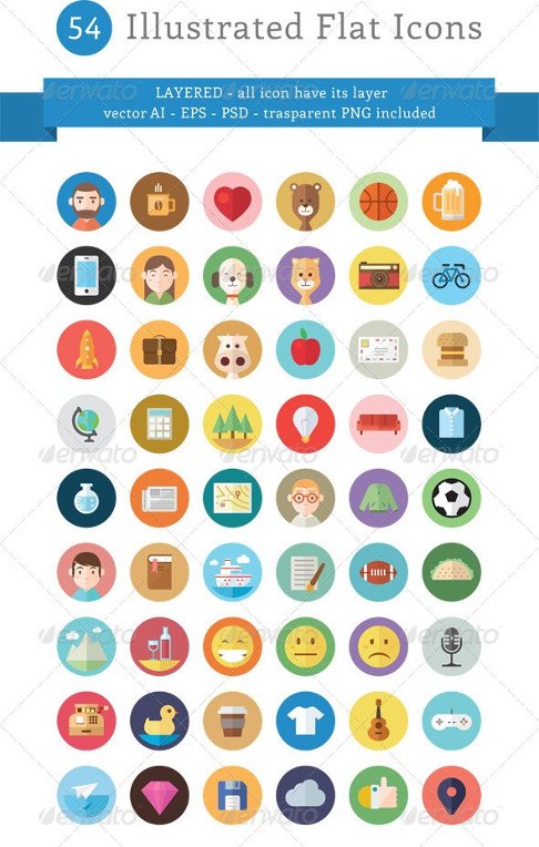 54 Illustrated Flat Icons