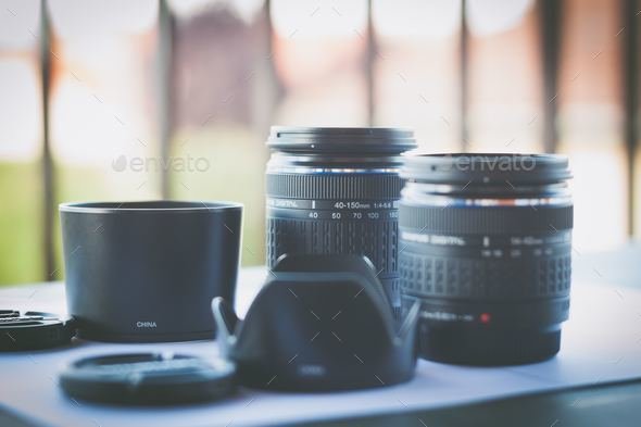 Camera lenses on a table