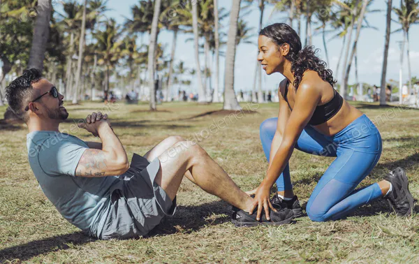 Woman helping man with exercise in park