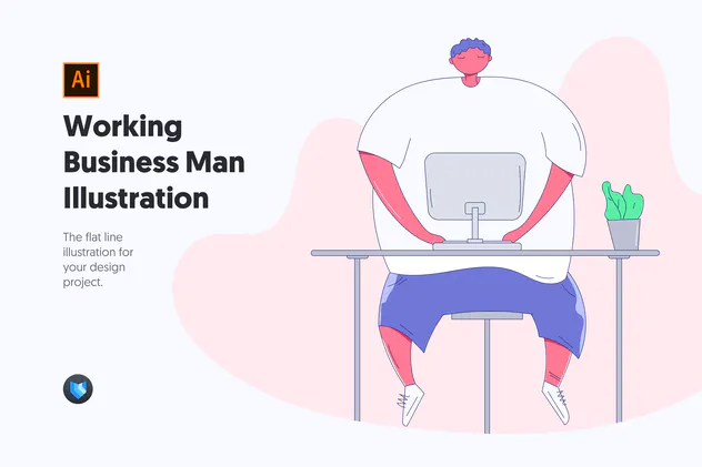 Working Business Man - Flat Line Illustration
